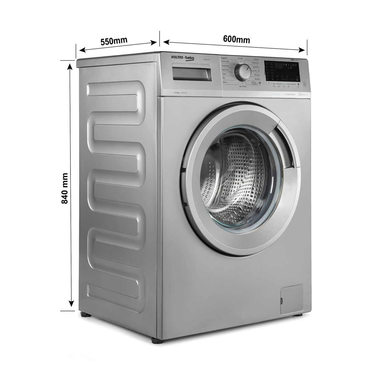 Voltas Beko 6.5kg, Inverter, 5 Star Front Load Washing Machine (WFL6512VTSS, Silver), Steam Wash,Stain Expert