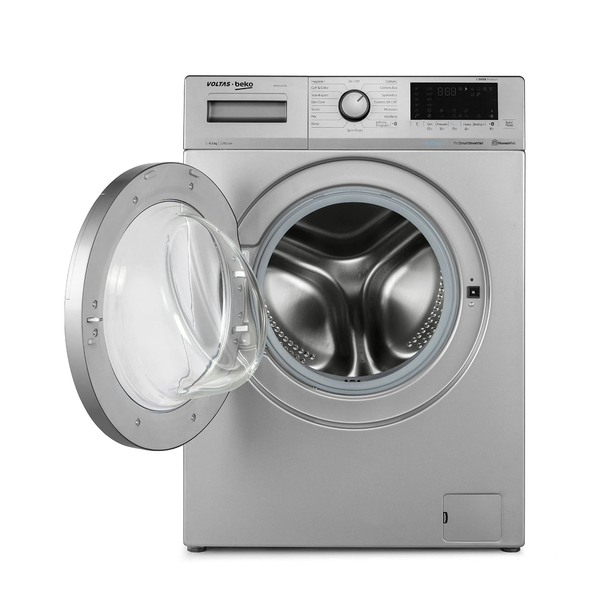 Voltas Beko 6.5kg, Inverter, 5 Star Front Load Washing Machine (WFL6512VTSS, Silver), Steam Wash,Stain Expert