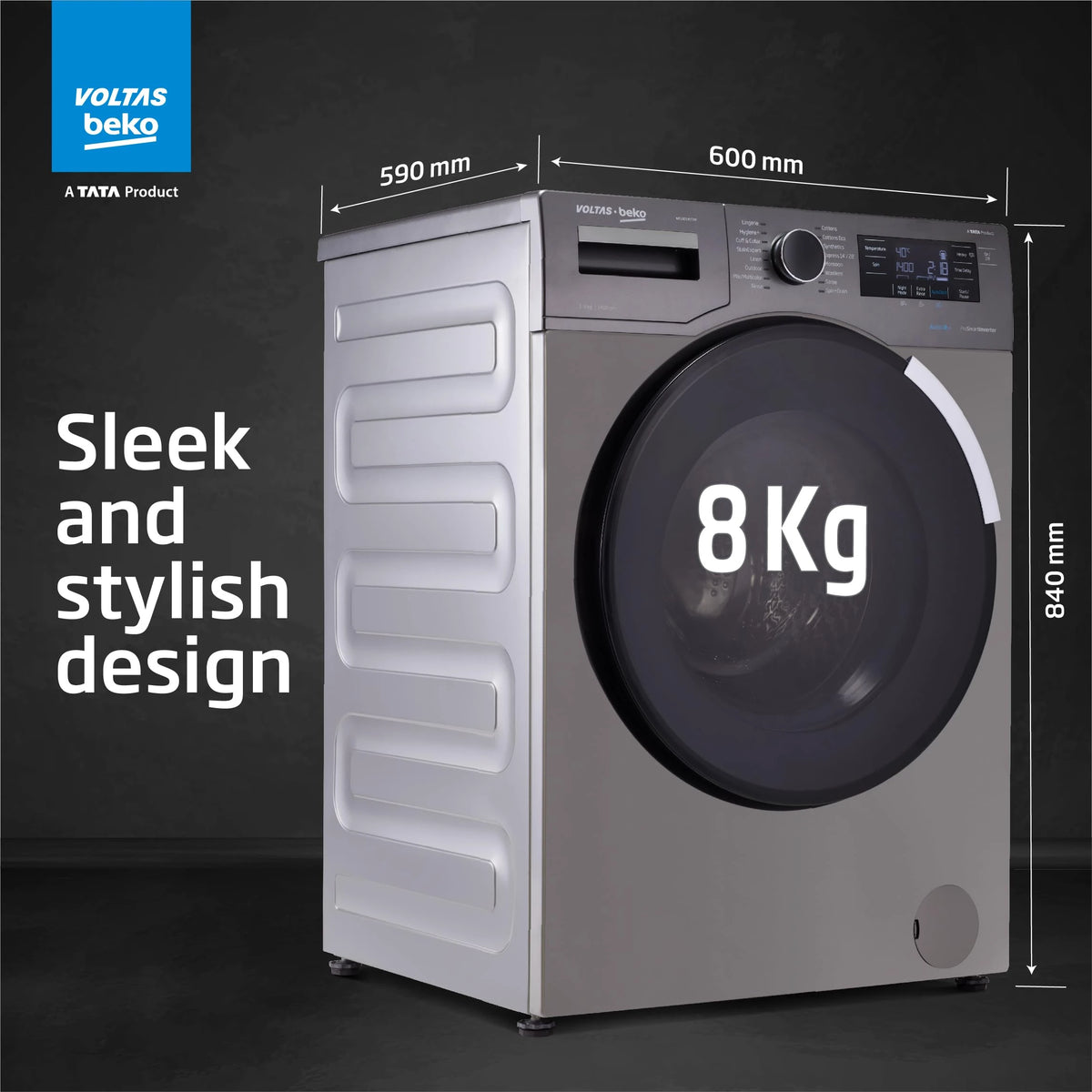 Voltas Beko 8.0kg, Inverter, 5 Star Front Load Washing Machine (WFL8014VTAP, Anthracite), Auto Dosing,Stain Expert