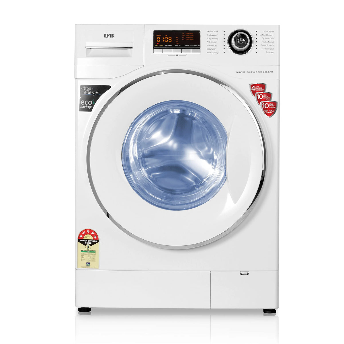 IFB 8 Kg 5 Star Front Load Washing Machine Aqua Energie (SENATOR PLUS VX, White, In-built Heater, 4 years Comprehensive Warranty)