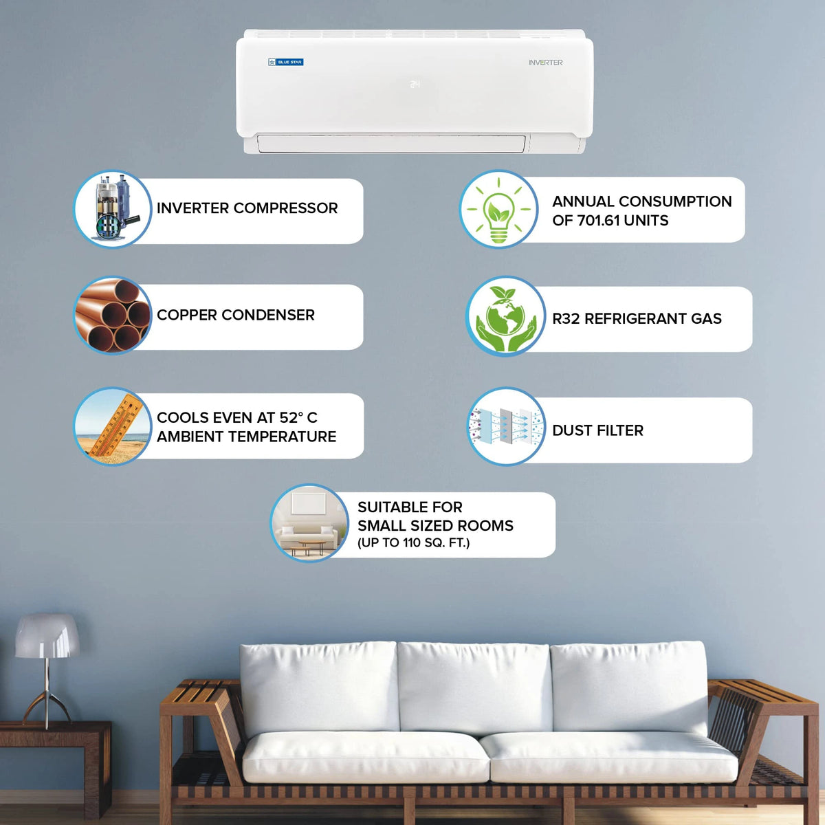Blue Star 1 Ton 3 Star Inverter Split Ac (Copper, Convertible 4-In-1 Cooling Mode, Ia312Inu, White)