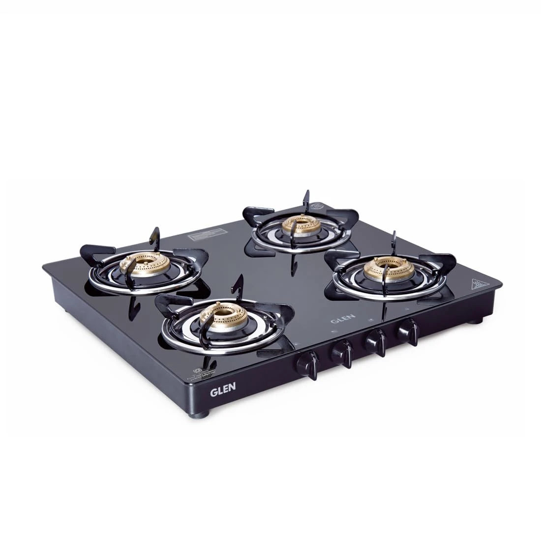 Glen 4 Burner Toughened Glass Top LPG Gas Stove | Black | Manual Ignition | ISI Certified | Stainless Steel Drip Trays | 360 Revolving Inlet Nozzle | 2 Year Warranty | 1041GTBBBL
