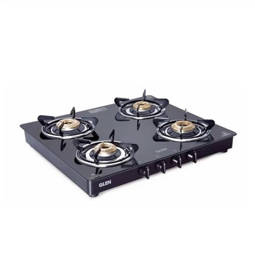 Glen 4 Burner Toughened Glass Top LPG Gas Stove | Black | Manual Ignition | ISI Certified | Stainless Steel Drip Trays | 360 Revolving Inlet Nozzle | 2 Year Warranty | 1041GTBBBL