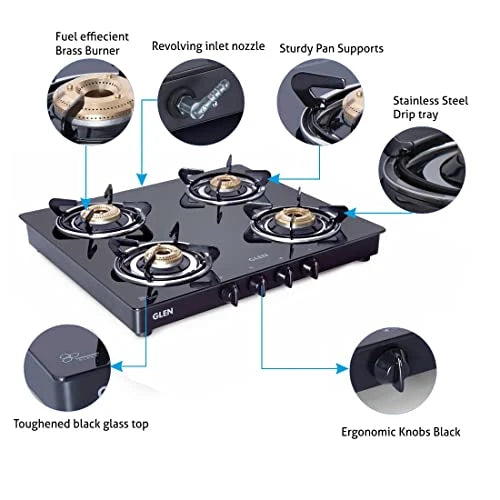 Glen 4 Burner Toughened Glass Top LPG Gas Stove | Black | Manual Ignition | ISI Certified | Stainless Steel Drip Trays | 360 Revolving Inlet Nozzle | 2 Year Warranty | 1041GTBBBL