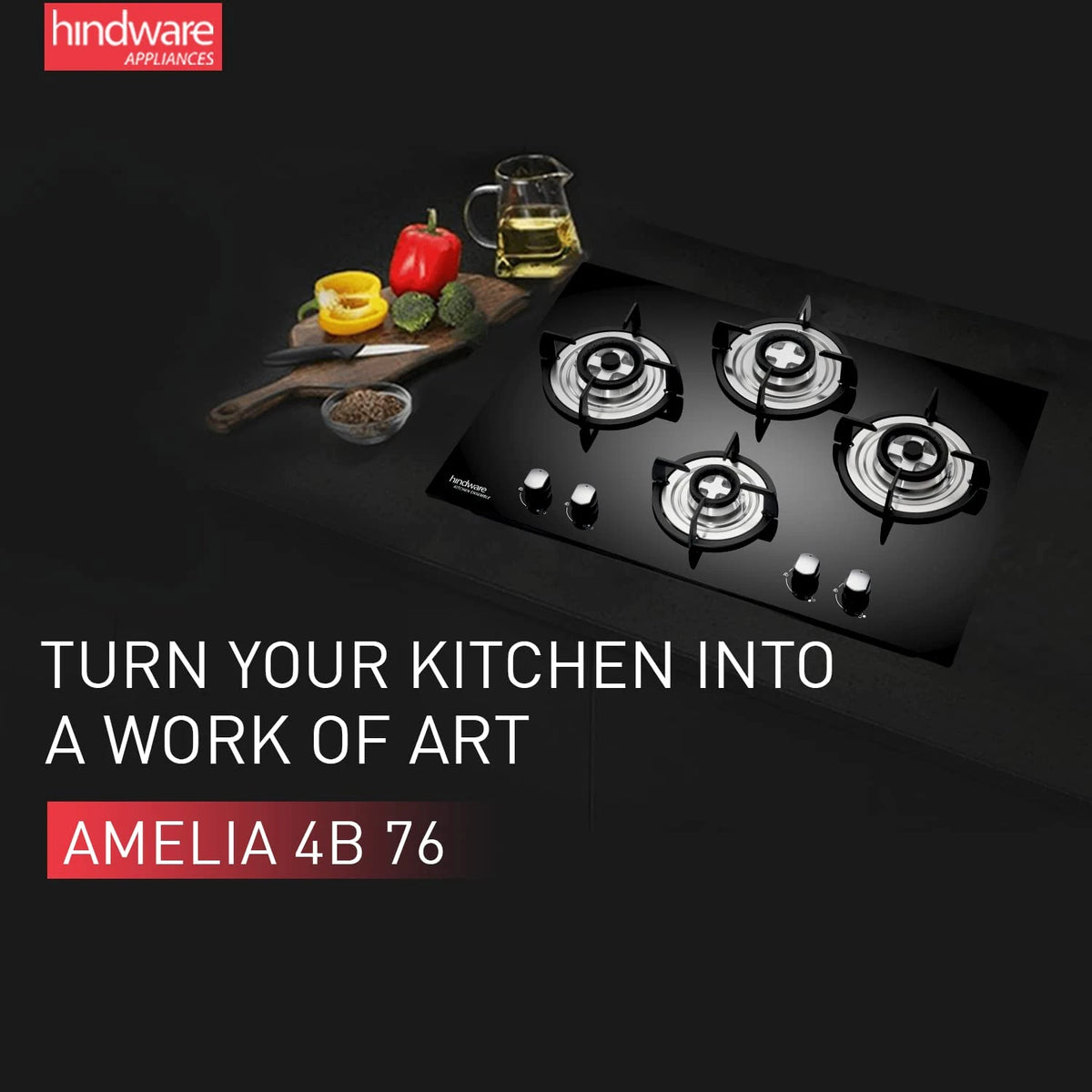 Hindware Smart Appliances | KA Hob Amelia Plus | Kitchen Hob | Designer Brass Burners | Auto Ignition | SS Drip Tray | Cast Iron Pan Support | (4B 76 CM)