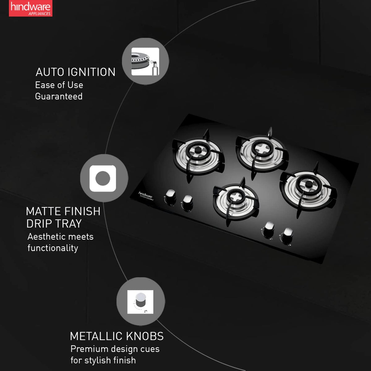 Hindware Smart Appliances | KA Hob Amelia Plus | Kitchen Hob | Designer Brass Burners | Auto Ignition | SS Drip Tray | Cast Iron Pan Support | (4B 76 CM)