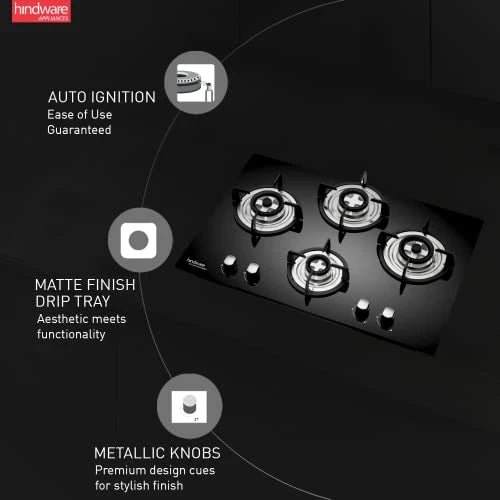 Hindware Smart Appliances | KA Hob Amelia Plus | Kitchen Hob | Designer Brass Burners | Auto Ignition | SS Drip Tray | Cast Iron Pan Support | (4B 76 CM)