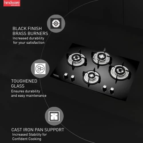 Hindware Smart Appliances | KA Hob Amelia Plus | Kitchen Hob | Designer Brass Burners | Auto Ignition | SS Drip Tray | Cast Iron Pan Support | (4B 76 CM)