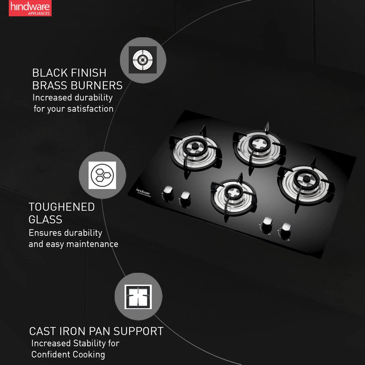 Hindware Smart Appliances | KA Hob Amelia Plus | Kitchen Hob | Designer Brass Burners | Auto Ignition | SS Drip Tray | Cast Iron Pan Support | (4B 76 CM)