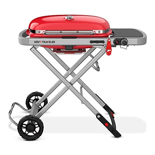 Weber Traveler Portable Gas Grill – Red Edition | Compact Foldable BBQ Grill with Large Cooking Surface | Ideal for Camping, Tailgating, Road Trips, Outdoor Cooking