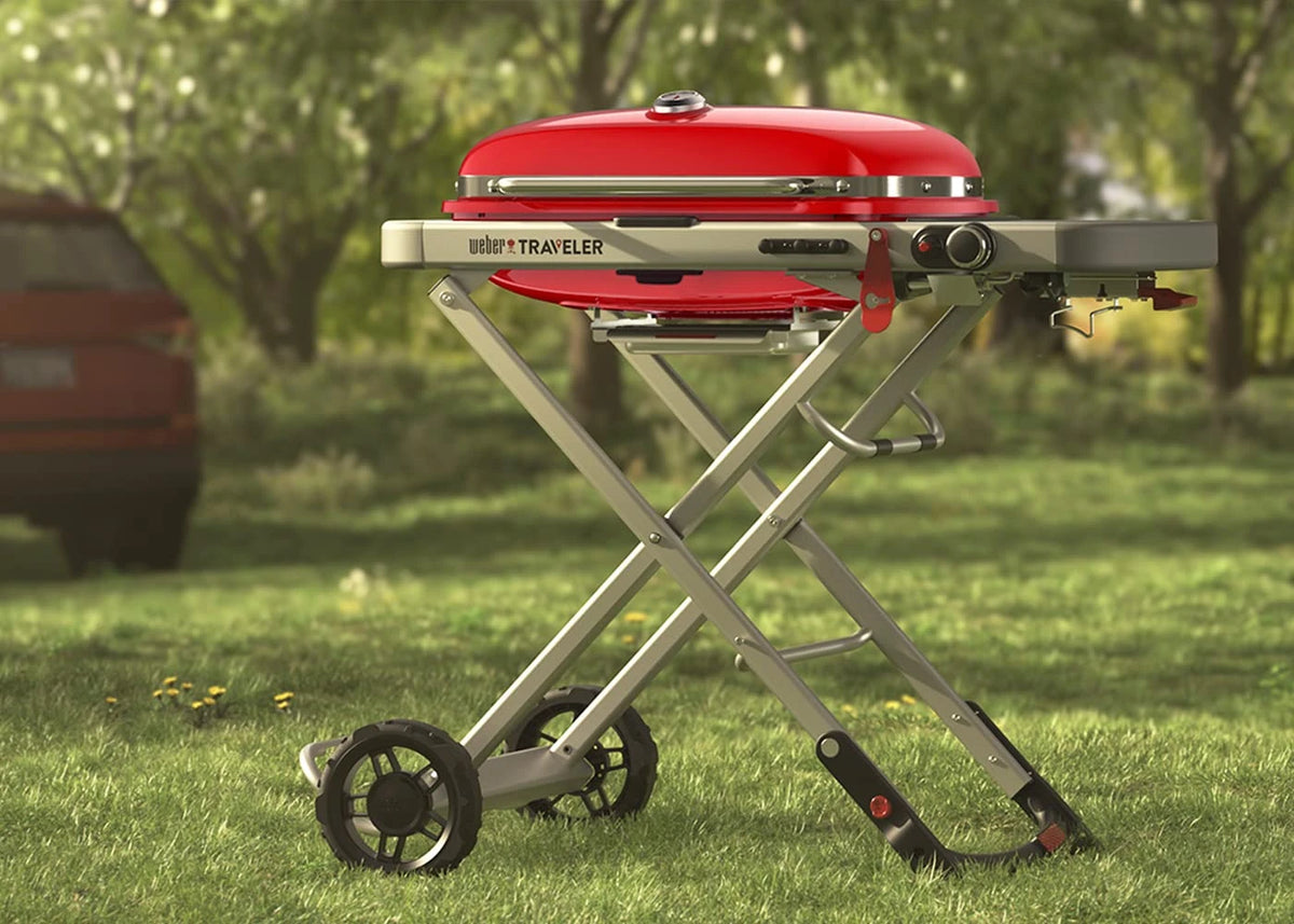 Weber Traveler Portable Gas Grill – Red Edition | Compact Foldable BBQ Grill with Large Cooking Surface | Ideal for Camping, Tailgating, Road Trips, Outdoor Cooking