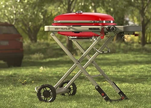 Weber Traveler Portable Gas Grill – Red Edition | Compact Foldable BBQ Grill with Large Cooking Surface | Ideal for Camping, Tailgating, Road Trips, Outdoor Cooking