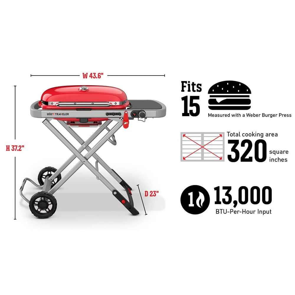Weber Traveler Portable Gas Grill – Red Edition | Compact Foldable BBQ Grill with Large Cooking Surface | Ideal for Camping, Tailgating, Road Trips, Outdoor Cooking