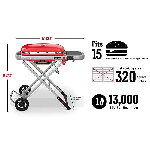 Weber Traveler Portable Gas Grill – Red Edition | Compact Foldable BBQ Grill with Large Cooking Surface | Ideal for Camping, Tailgating, Road Trips, Outdoor Cooking
