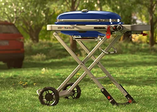 Weber Traveler Portable Gas Grill – Blue Edition | Compact Foldable Outdoor BBQ with Large Cooking Surface, One-Hand Setup, Travel-Ready Design, Ideal for Camping, Tailgating, and Road Trips