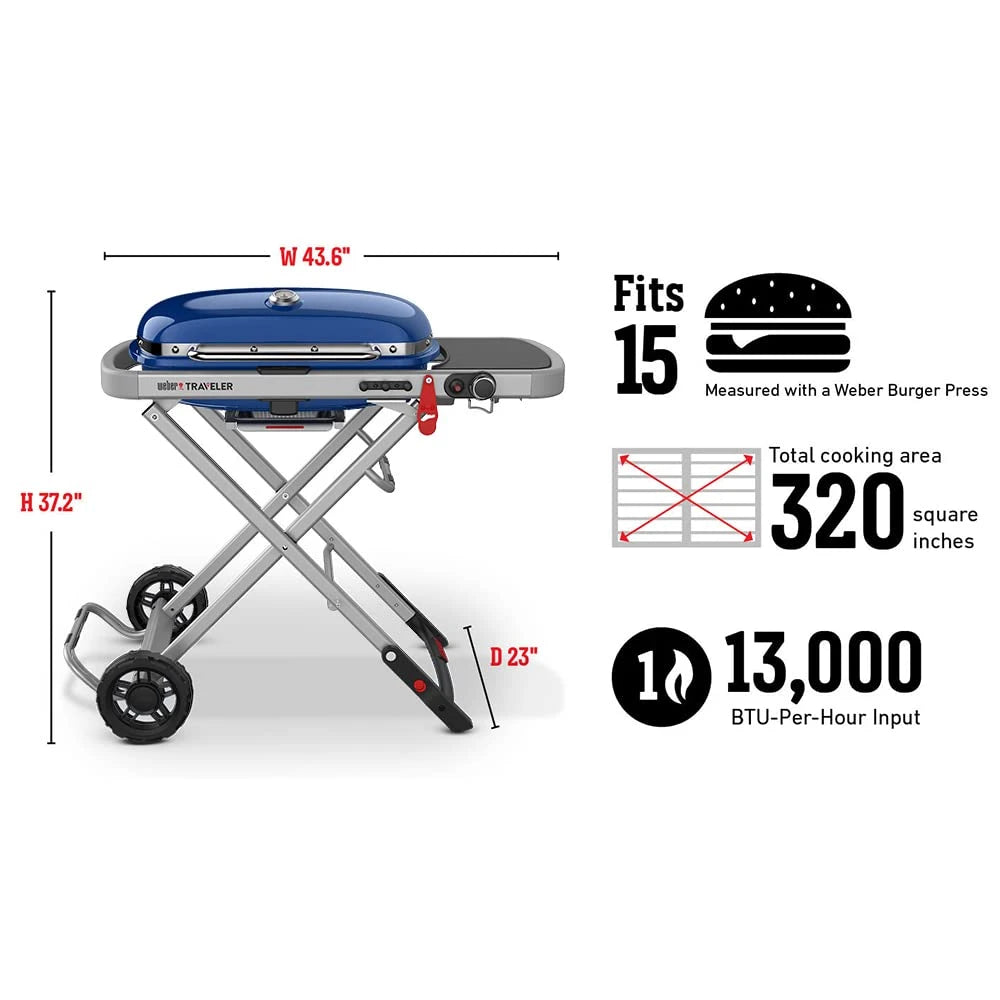 Weber Traveler Portable Gas Grill – Blue Edition | Compact Foldable Outdoor BBQ with Large Cooking Surface, One-Hand Setup, Travel-Ready Design, Ideal for Camping, Tailgating, and Road Trips