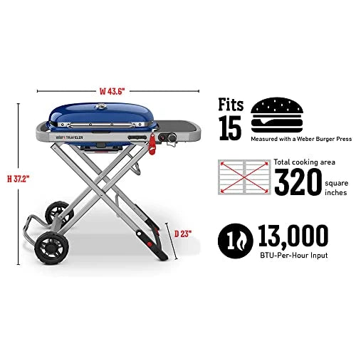 Weber Traveler Portable Gas Grill – Blue Edition | Compact Foldable Outdoor BBQ with Large Cooking Surface, One-Hand Setup, Travel-Ready Design, Ideal for Camping, Tailgating, and Road Trips