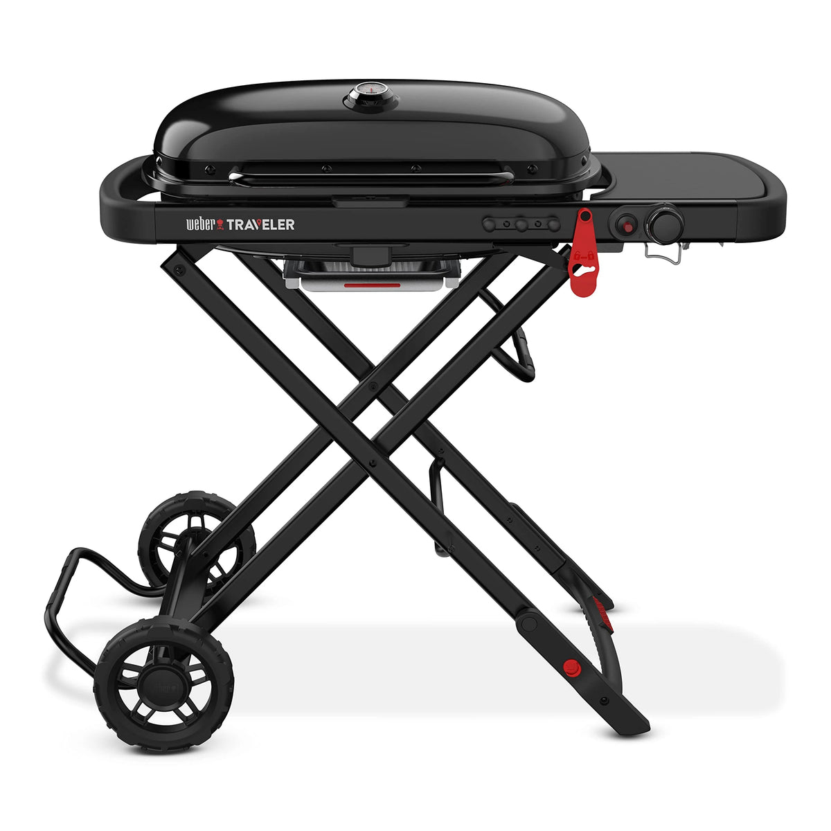 Weber Traveler Portable Gas Grill – Stealth Edition | Foldable Compact BBQ Grill with Large Cooking Area, One-Hand Setup, Heavy-Duty Wheels | Ideal for Camping, Road Trips, Tailgating, Outdoor Cooking