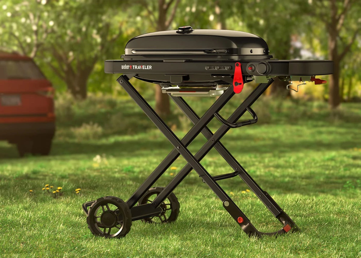 Weber Traveler Portable Gas Grill – Stealth Edition | Foldable Compact BBQ Grill with Large Cooking Area, One-Hand Setup, Heavy-Duty Wheels | Ideal for Camping, Road Trips, Tailgating, Outdoor Cooking