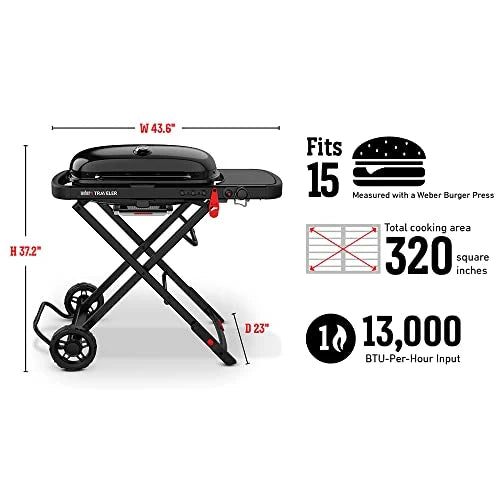 Weber Traveler Portable Gas Grill – Stealth Edition | Foldable Compact BBQ Grill with Large Cooking Area, One-Hand Setup, Heavy-Duty Wheels | Ideal for Camping, Road Trips, Tailgating, Outdoor Cooking