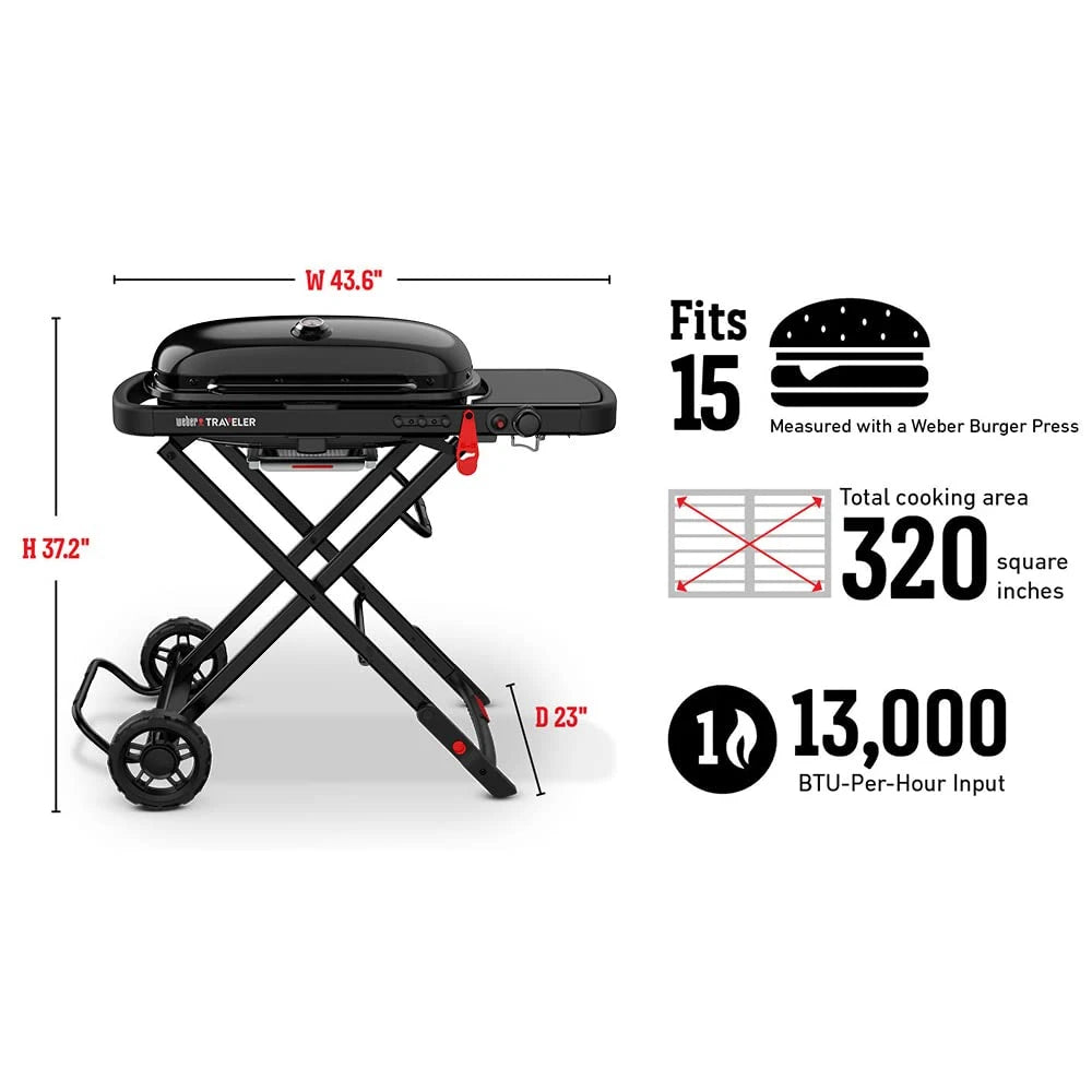 Weber Traveler Portable Gas Grill – Stealth Edition | Foldable Compact BBQ Grill with Large Cooking Area, One-Hand Setup, Heavy-Duty Wheels | Ideal for Camping, Road Trips, Tailgating, Outdoor Cooking