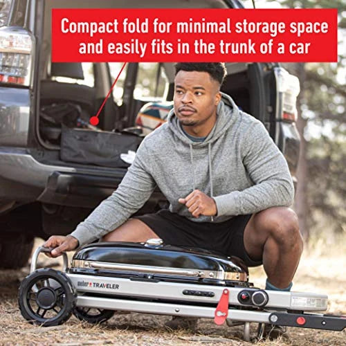 Weber Traveler Portable Gas Grill – Stealth Edition | Foldable Compact BBQ Grill with Large Cooking Area, One-Hand Setup, Heavy-Duty Wheels | Ideal for Camping, Road Trips, Tailgating, Outdoor Cooking