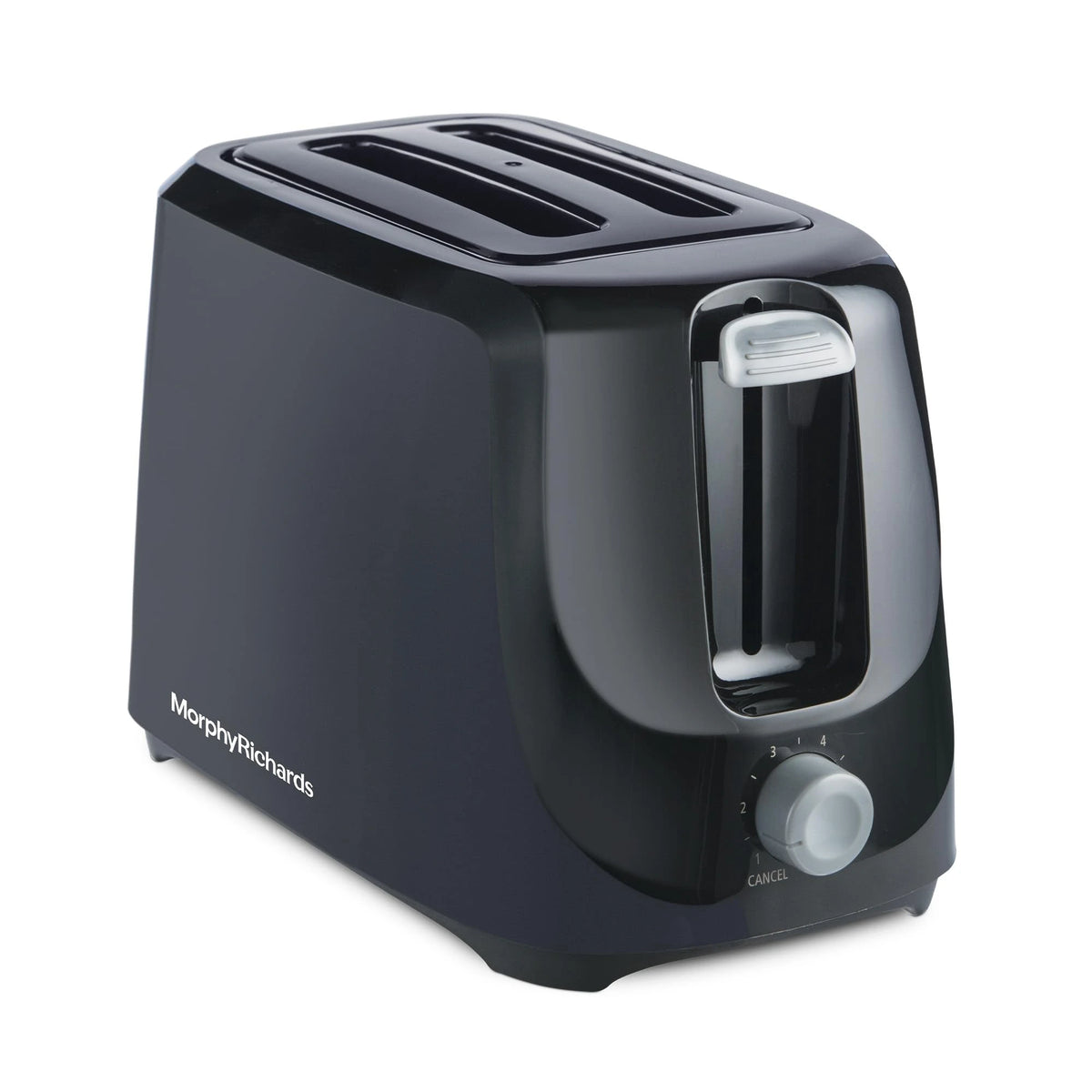 Morphy Richards AT 200 black pop-up toaster showing the lever, side slot and browning dial with cancel marking