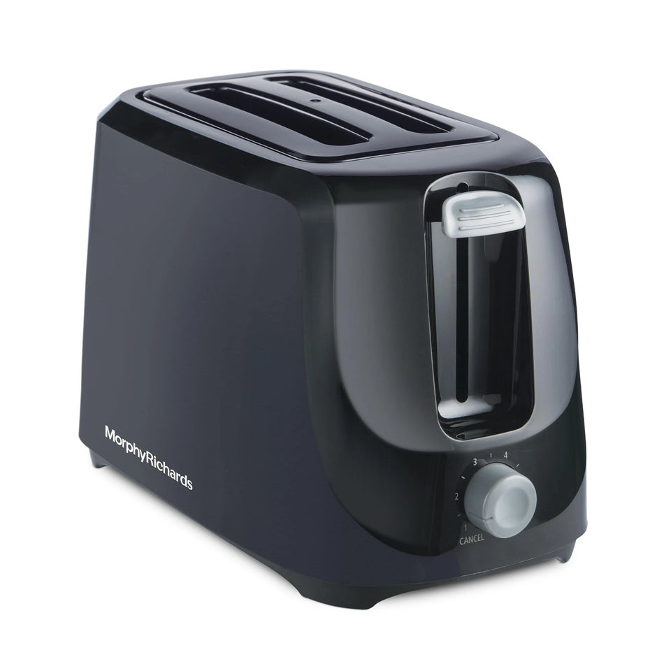 Morphy Richards AT 200 black pop-up toaster showing the lever, side slot and browning dial with cancel marking