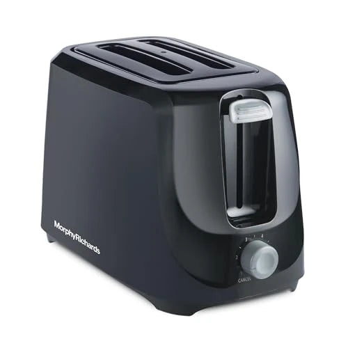 Morphy Richards AT 200 black 2-slice toaster on a white background with browning dial and lever