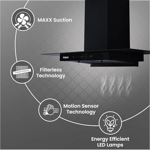 Hindware Smart Appliances | Mariana 90 cm Chimney | 1180 CMH | Thermal Auto Clean | Fillterless | Touch Control, Motion Sensor | 5 Yrs Warranty on Motor & 2 Yrs on Product | Wall Mounted (Black)