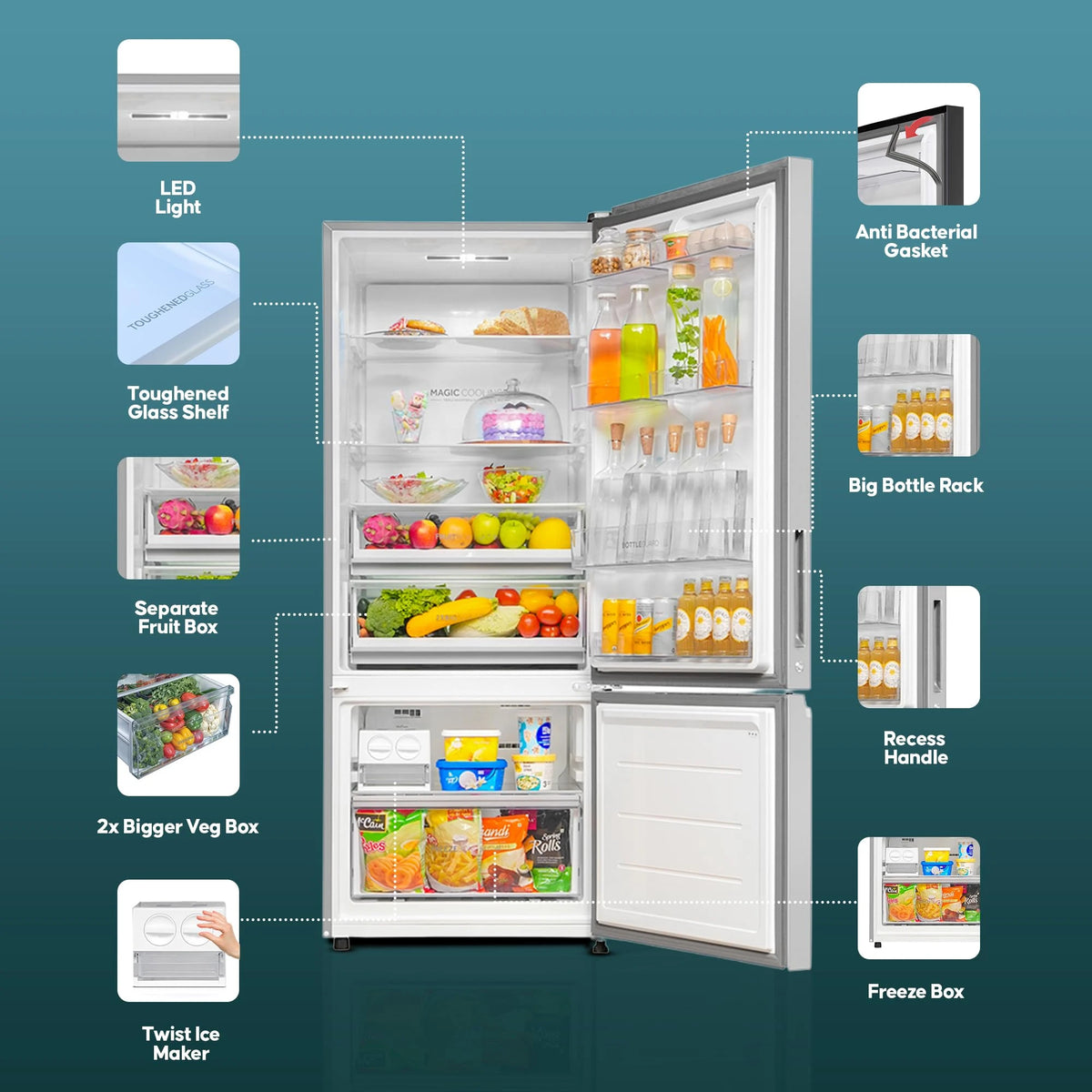 Haier 445 L, 2 Star, Convertible 14-in-1 Triple Inverter & Fan Motor Technology, with Display Frost Free, Bottom Mounted Double Door Refrigerator (HRB-4952BIS-P, Inox Steel)