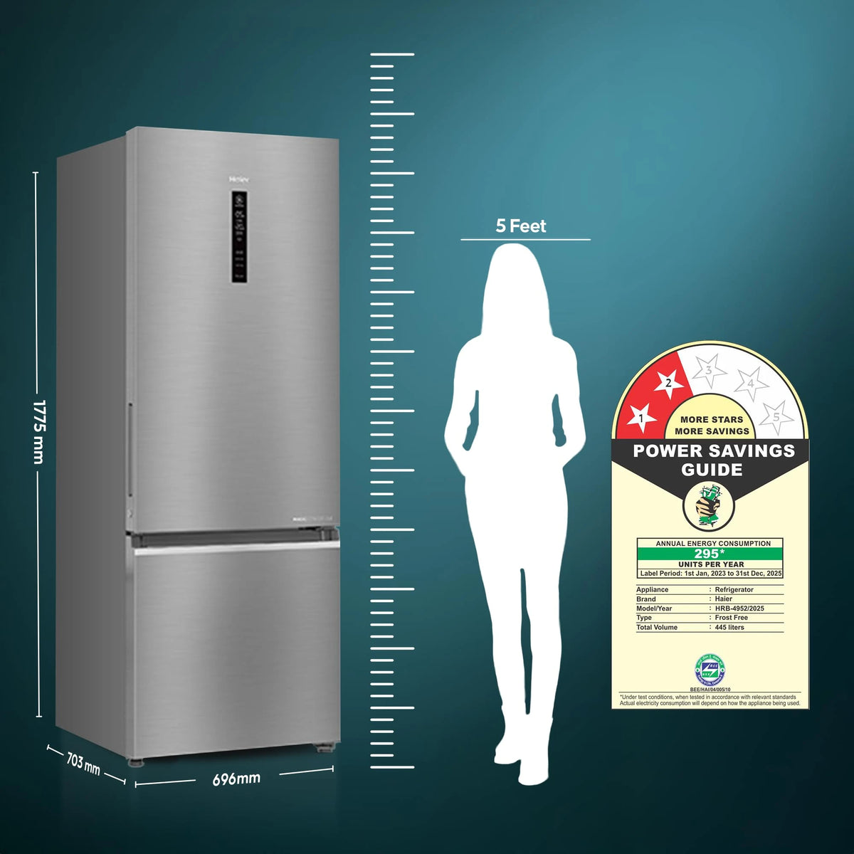 Haier 445 L, 2 Star, Convertible 14-in-1 Triple Inverter & Fan Motor Technology, with Display Frost Free, Bottom Mounted Double Door Refrigerator (HRB-4952BIS-P, Inox Steel)