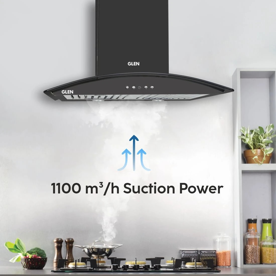 Glen Electric Kitchen Chimney With 7 Year Warranty On Motor, Curved Glass SS Baffle filters 60cm 1100 m³/h - Black (6071 IN BLK)