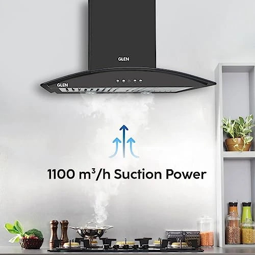 Glen Electric Kitchen Chimney With 7 Year Warranty On Motor, Curved Glass SS Baffle filters 60cm 1100 m³/h - Black (6071 IN BLK)