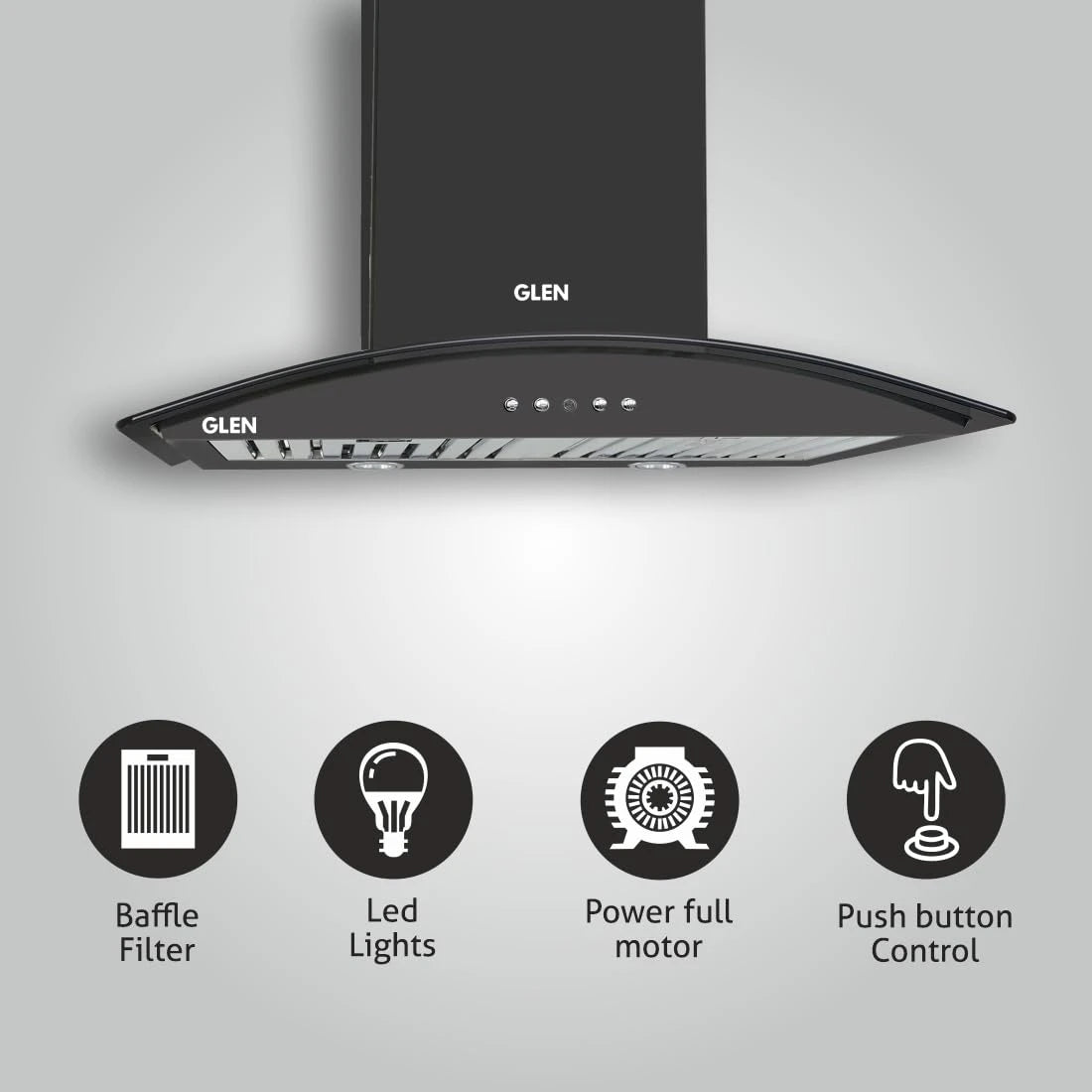 Glen Electric Kitchen Chimney With 7 Year Warranty On Motor, Curved Glass SS Baffle filters 60cm 1100 m³/h - Black (6071 IN BLK)