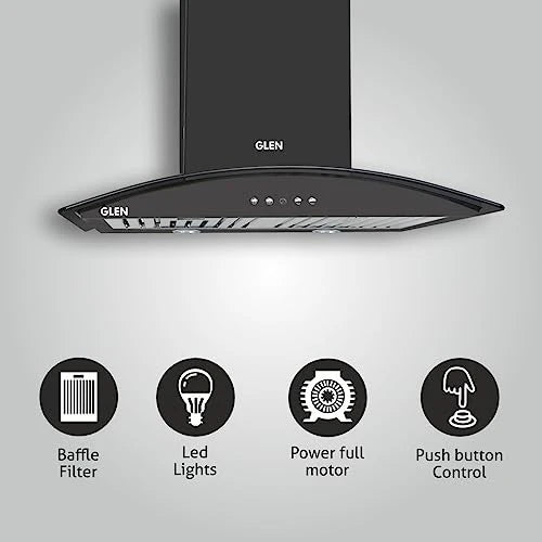 Glen Electric Kitchen Chimney With 7 Year Warranty On Motor, Curved Glass SS Baffle filters 60cm 1100 m³/h - Black (6071 IN BLK)