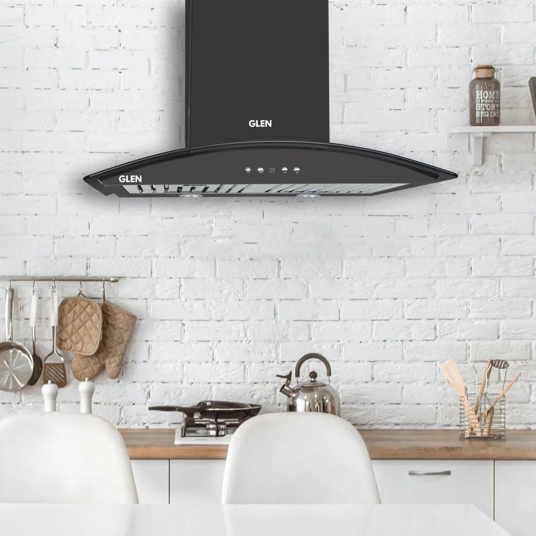 Glen Electric Kitchen Chimney With 7 Year Warranty On Motor, Curved Glass SS Baffle filters 60cm 1100 m³/h - Black (6071 IN BLK)