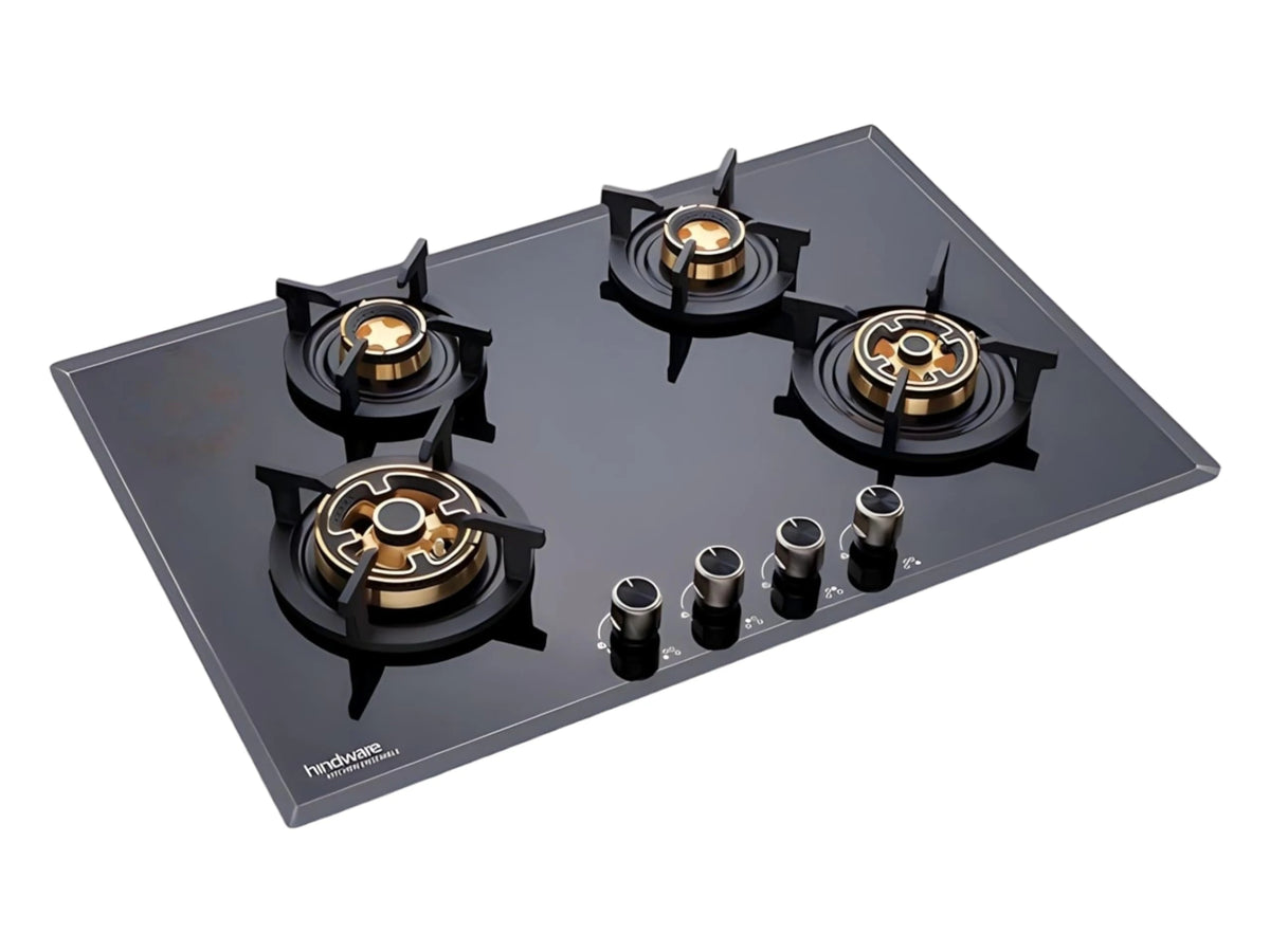 Hindware Adonia 4B 80 | Brass Burners | Auto Ignition | Flame Failure Device | Built In Glass Automatic Hob (4 Burners), Black