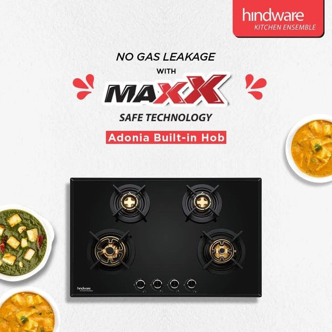 Hindware Adonia 4B 80 | Brass Burners | Auto Ignition | Flame Failure Device | Built In Glass Automatic Hob (4 Burners), Black