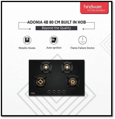 Hindware Adonia 4B 80 | Brass Burners | Auto Ignition | Flame Failure Device | Built In Glass Automatic Hob (4 Burners), Black