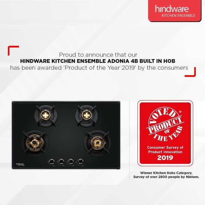 Hindware Adonia 4B 80 | Brass Burners | Auto Ignition | Flame Failure Device | Built In Glass Automatic Hob (4 Burners), Black