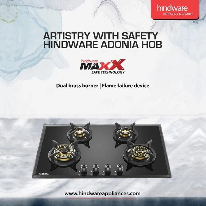 Hindware Adonia 4B 80 | Brass Burners | Auto Ignition | Flame Failure Device | Built In Glass Automatic Hob (4 Burners), Black