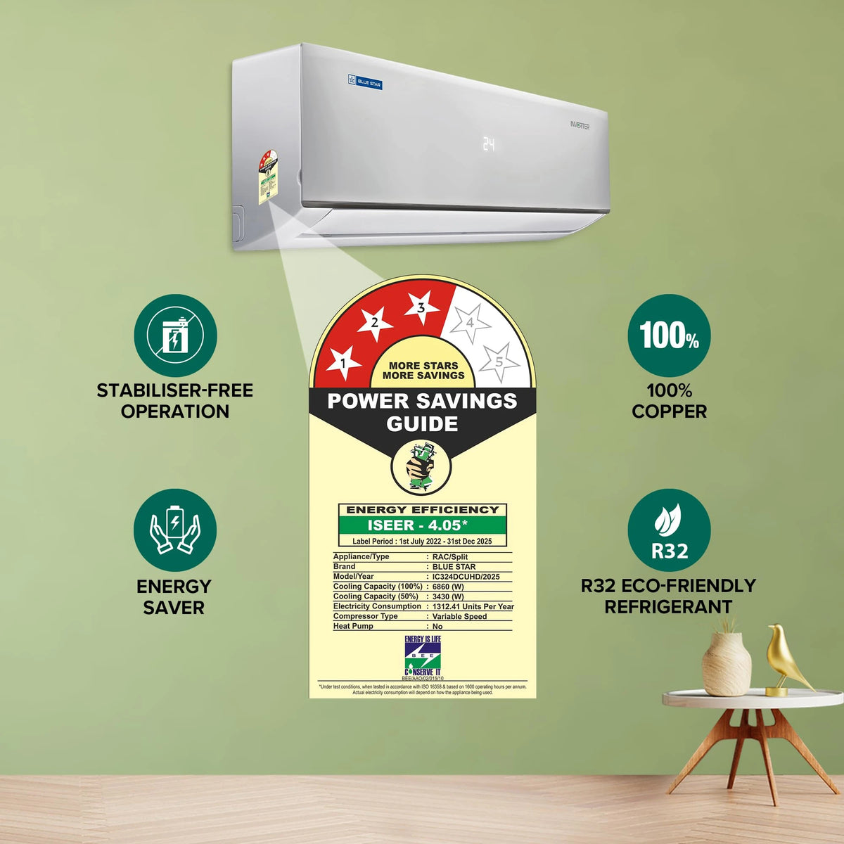 Blue Star 2 Ton 3 Star Heavy Duty, Inverter Split AC (Copper, Convertible 6 in 1 Cooling, Multi Sensors, Dust Filter, Blue Fins, Self Diagnosis, IC324DCUHD, White)