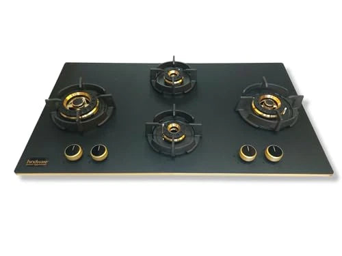 Hindware IVANA 4B 100 | Designer Fully Brass Burners | Flame Failure Device | Golden bidding on glass | 8 mm toughened glass with Matt Finish 4 burner (Black)