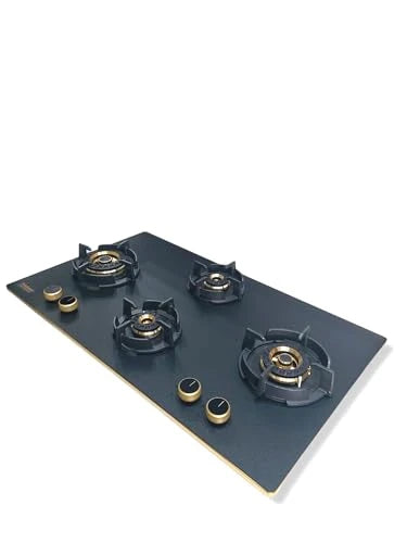 Hindware IVANA 4B 100 | Designer Fully Brass Burners | Flame Failure Device | Golden bidding on glass | 8 mm toughened glass with Matt Finish 4 burner (Black)