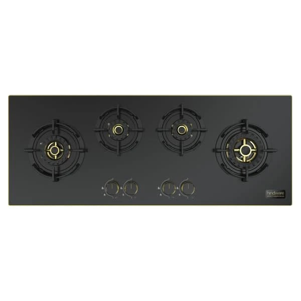 Hindware IVANA 4B 100 | Designer Fully Brass Burners | Flame Failure Device | Golden bidding on glass | 8 mm toughened glass with Matt Finish 4 burner (Black)