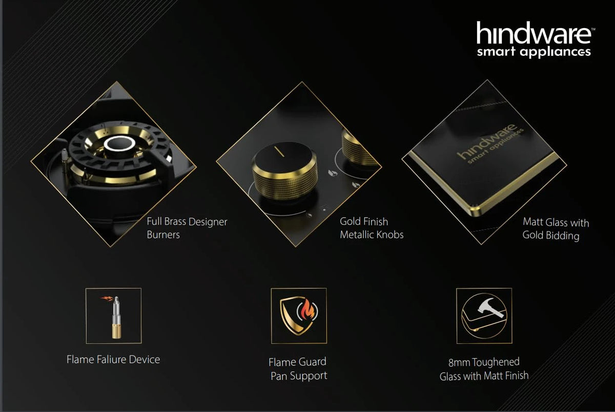 Hindware IVANA 4B 100 | Designer Fully Brass Burners | Flame Failure Device | Golden bidding on glass | 8 mm toughened glass with Matt Finish 4 burner (Black)