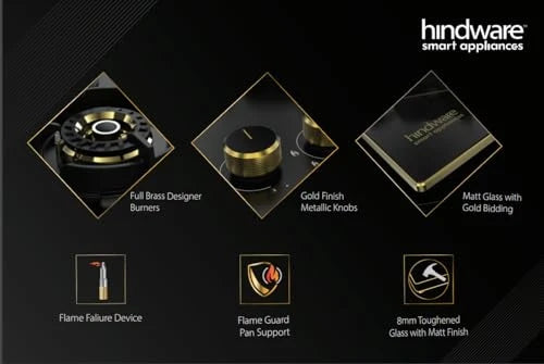 Hindware IVANA 4B 100 | Designer Fully Brass Burners | Flame Failure Device | Golden bidding on glass | 8 mm toughened glass with Matt Finish 4 burner (Black)