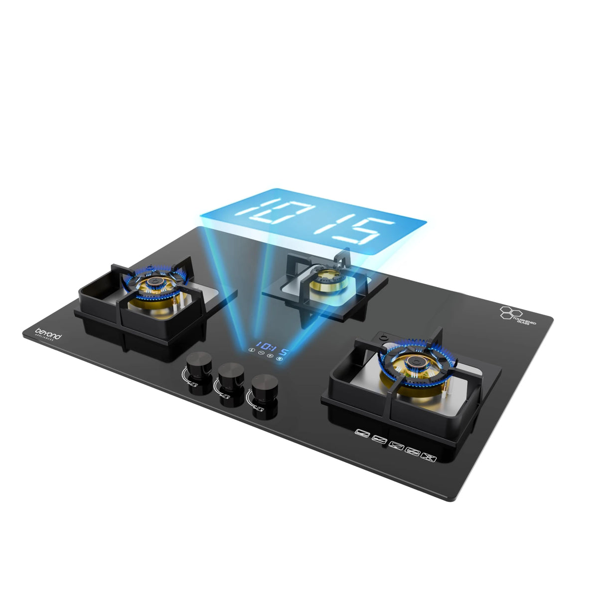 Beyond Appliances Dorado 3 Burner Smart Glass Hobtop Gas Stove | Auto Ignition | Digital Timer | Flame Failure Device | Toughened Glass | LPG & PNG Compatible