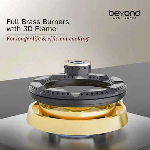Beyond Appliances Dorado 3 Burner Smart Glass Hobtop Gas Stove | Auto Ignition | Digital Timer | Flame Failure Device | Toughened Glass | LPG & PNG Compatible